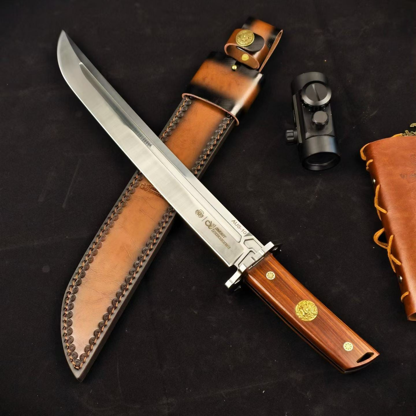 19'' New Fix Knife AUS-10 Stell Blade Sandalwood Handle Camping Outdoor Tool  Hunting Knife