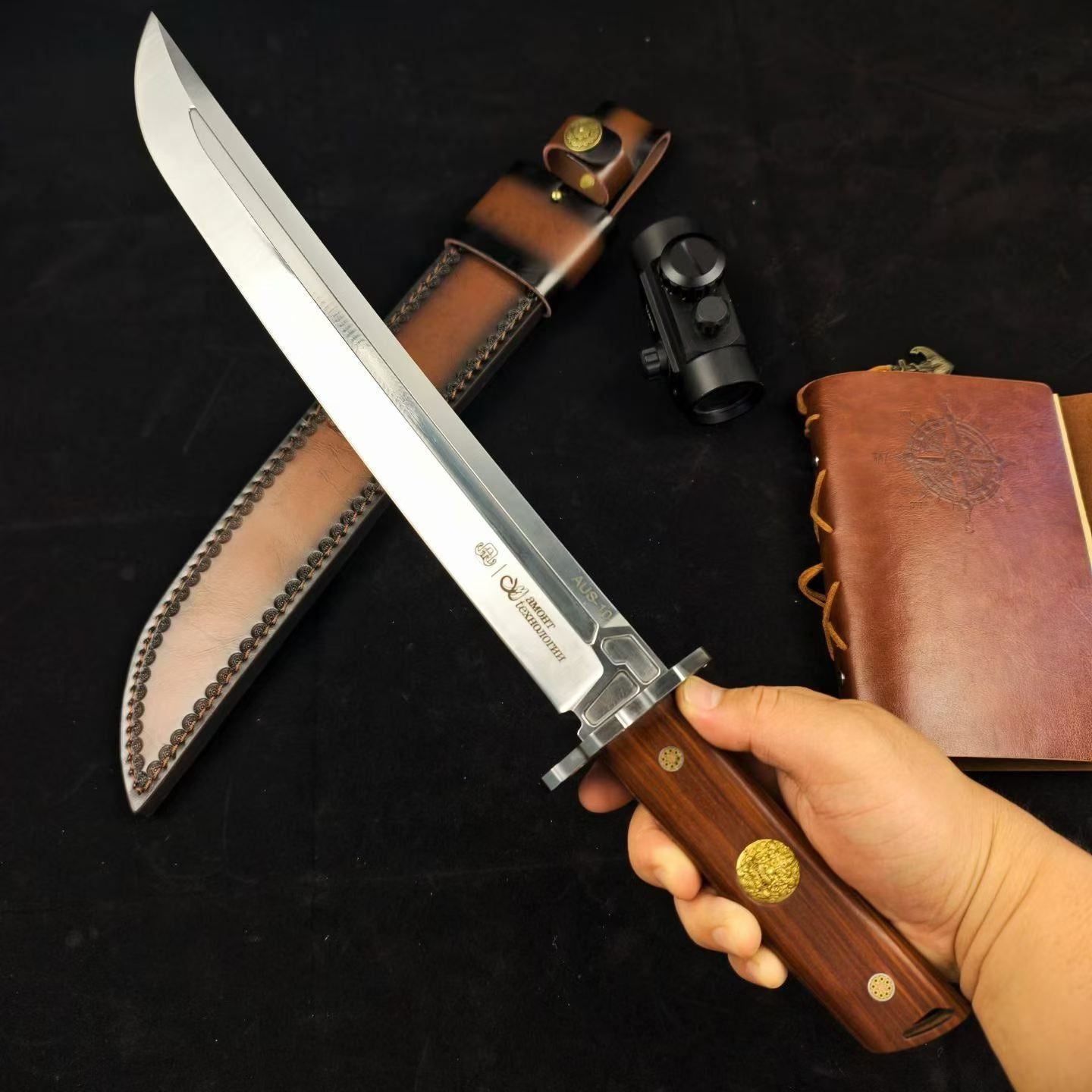 19'' New Fix Knife AUS-10 Stell Blade Sandalwood Handle Camping Outdoor Tool  Hunting Knife