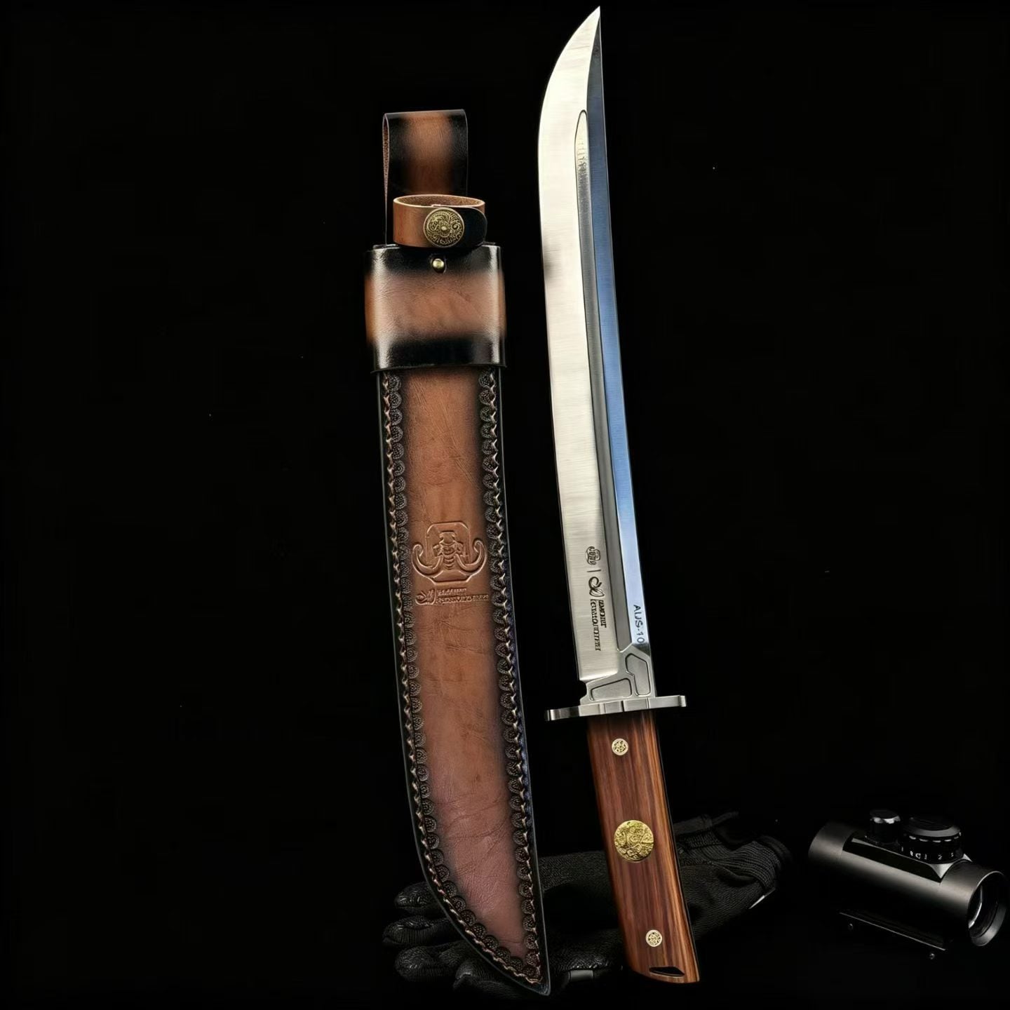 19'' New Fix Knife AUS-10 Stell Blade Sandalwood Handle Camping Outdoor Tool  Hunting Knife