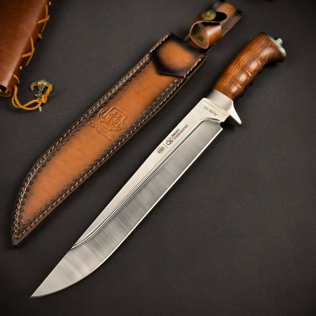 17'' New AUS-10 Steel Blade Wood Handle Camping Outdoor Utility Tactics Hunting Knife