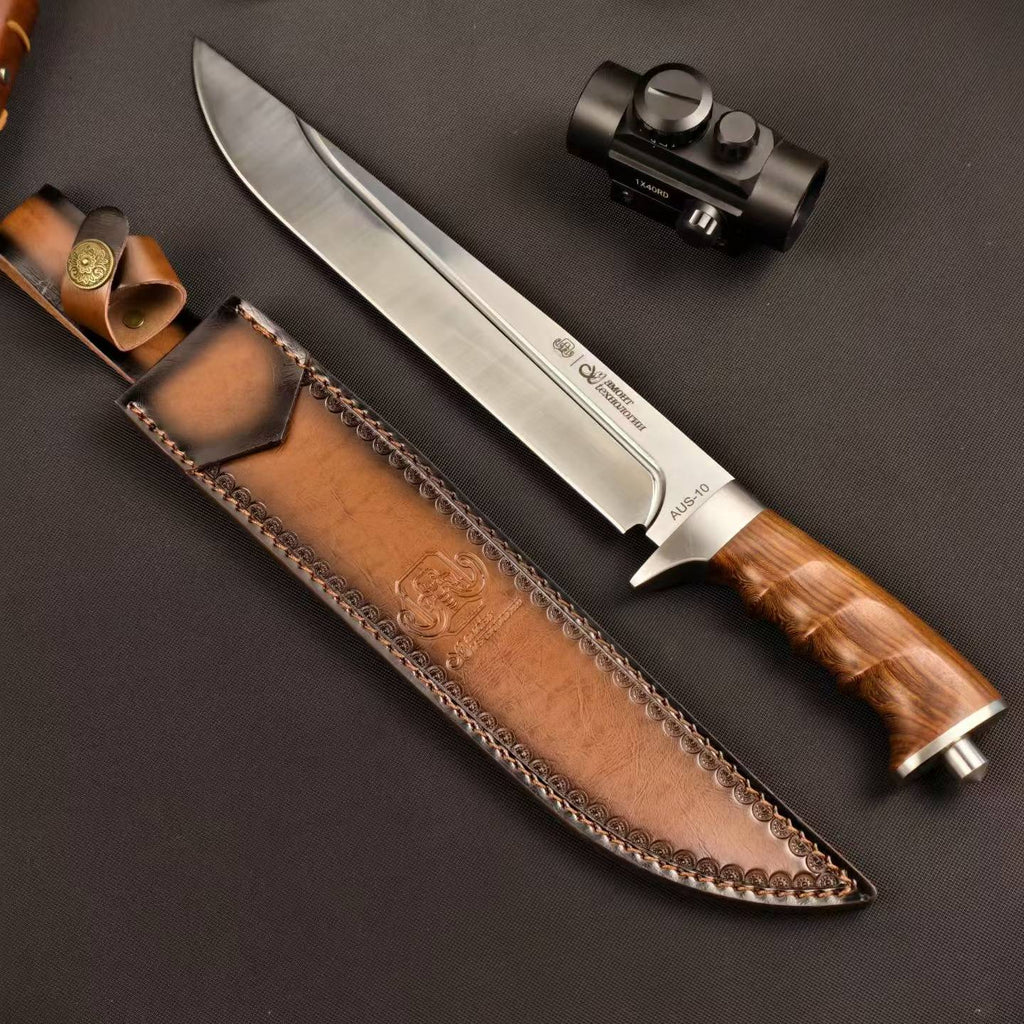 17'' New AUS-10 Steel Blade Wood Handle Camping Outdoor Utility Tactics Hunting Knife