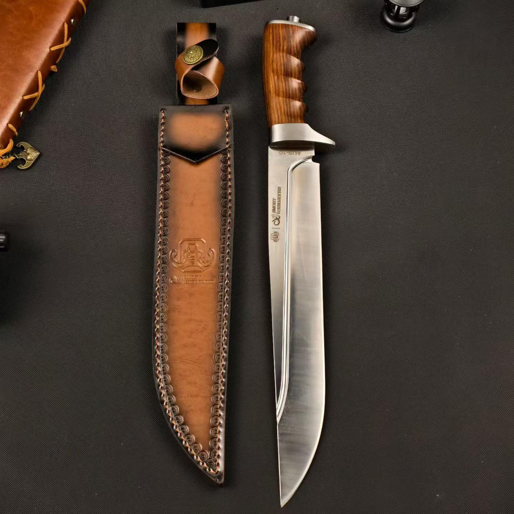 17'' New AUS-10 Steel Blade Wood Handle Camping Outdoor Utility Tactics Hunting Knife