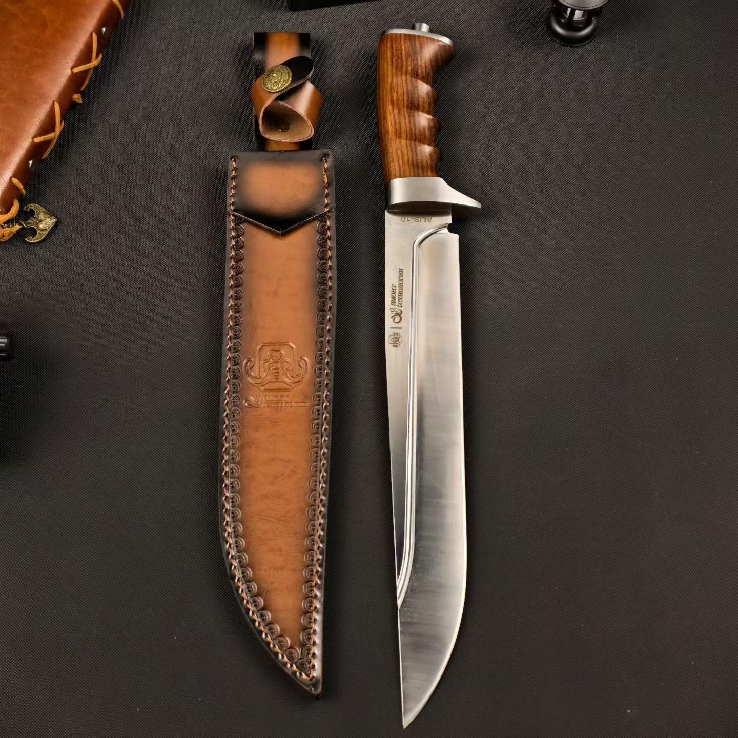17'' New AUS-10 Steel Blade Wood Handle Camping Outdoor Utility Tactics Hunting Knife