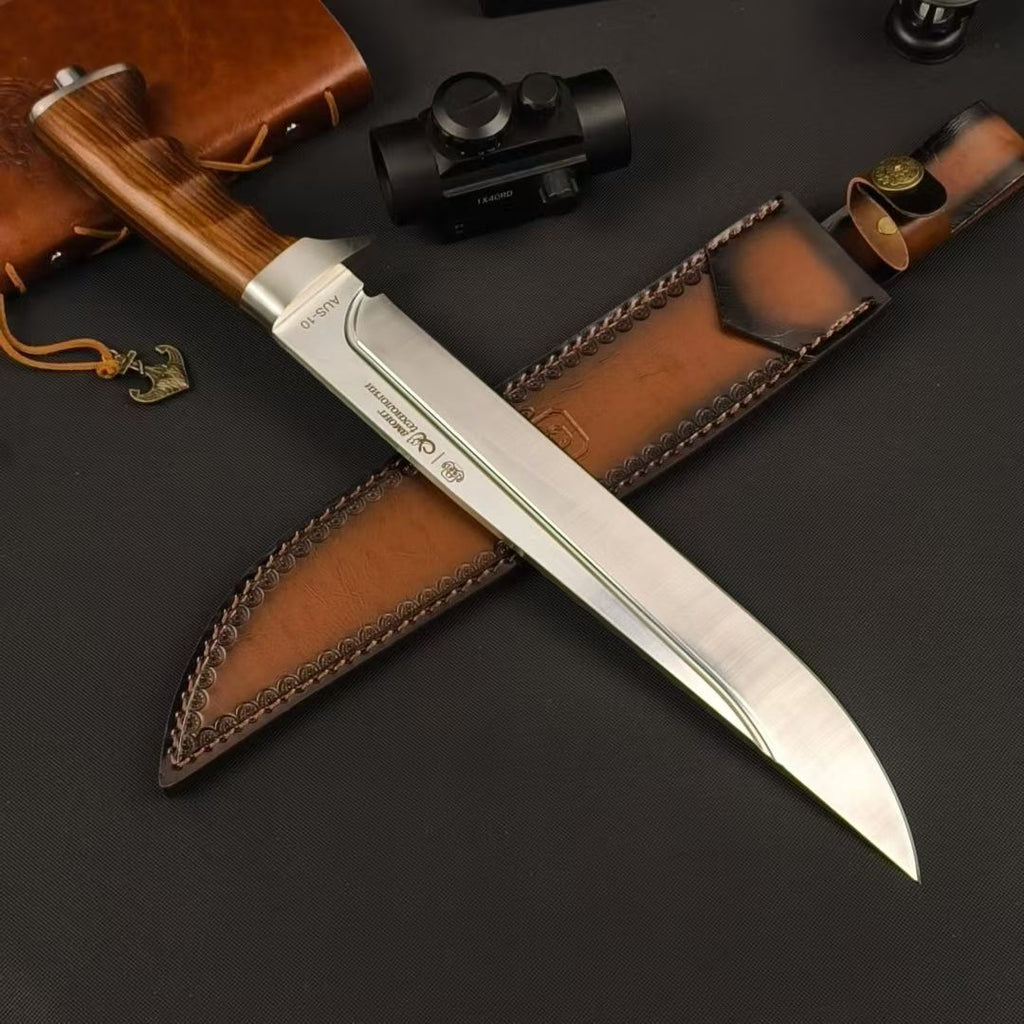 17'' New AUS-10 Steel Blade Wood Handle Camping Outdoor Utility Tactics Hunting Knife