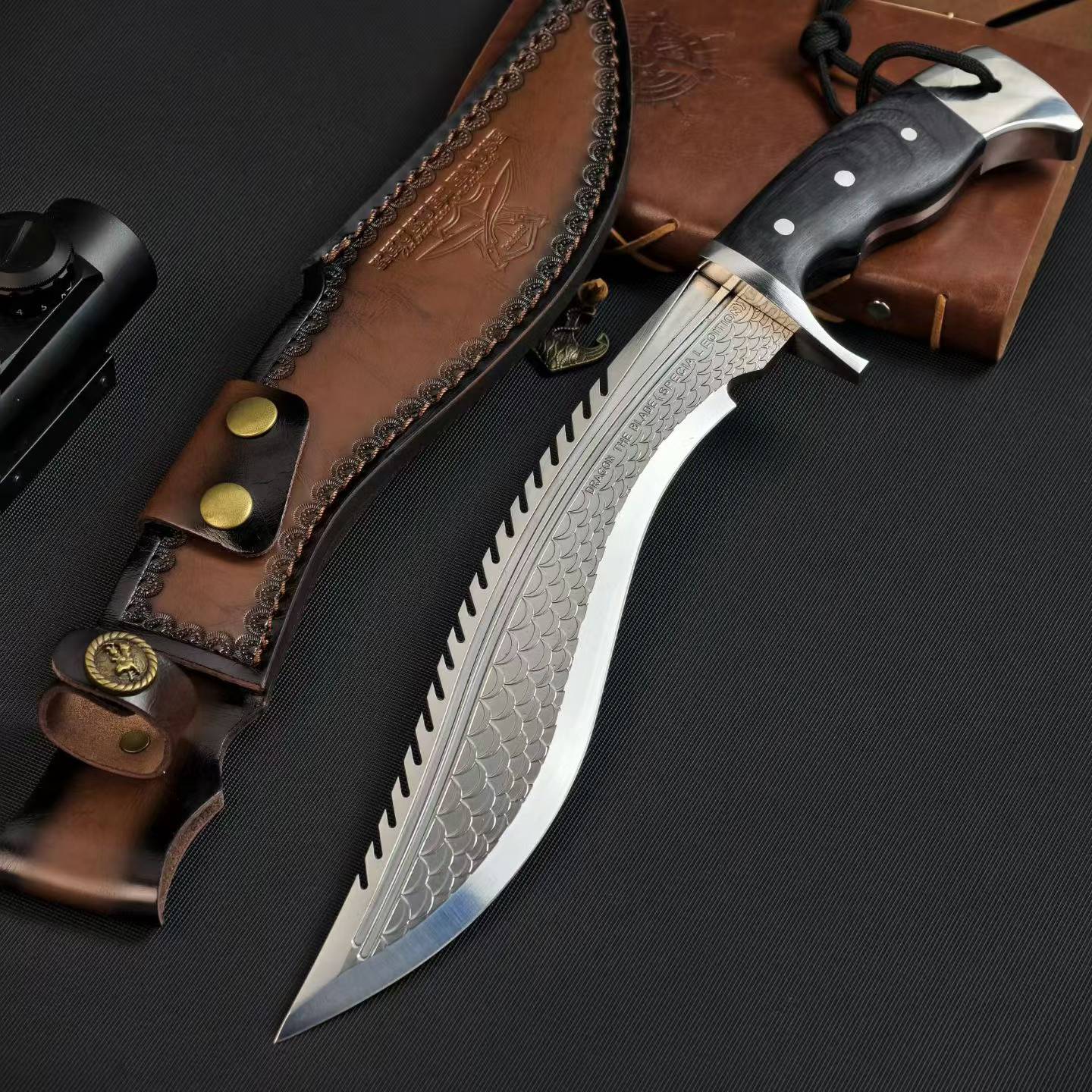 14'' New AUS-10 Steel Blade Ebony Handle Camping Outdoor Utility Tactics Hunting Knife
