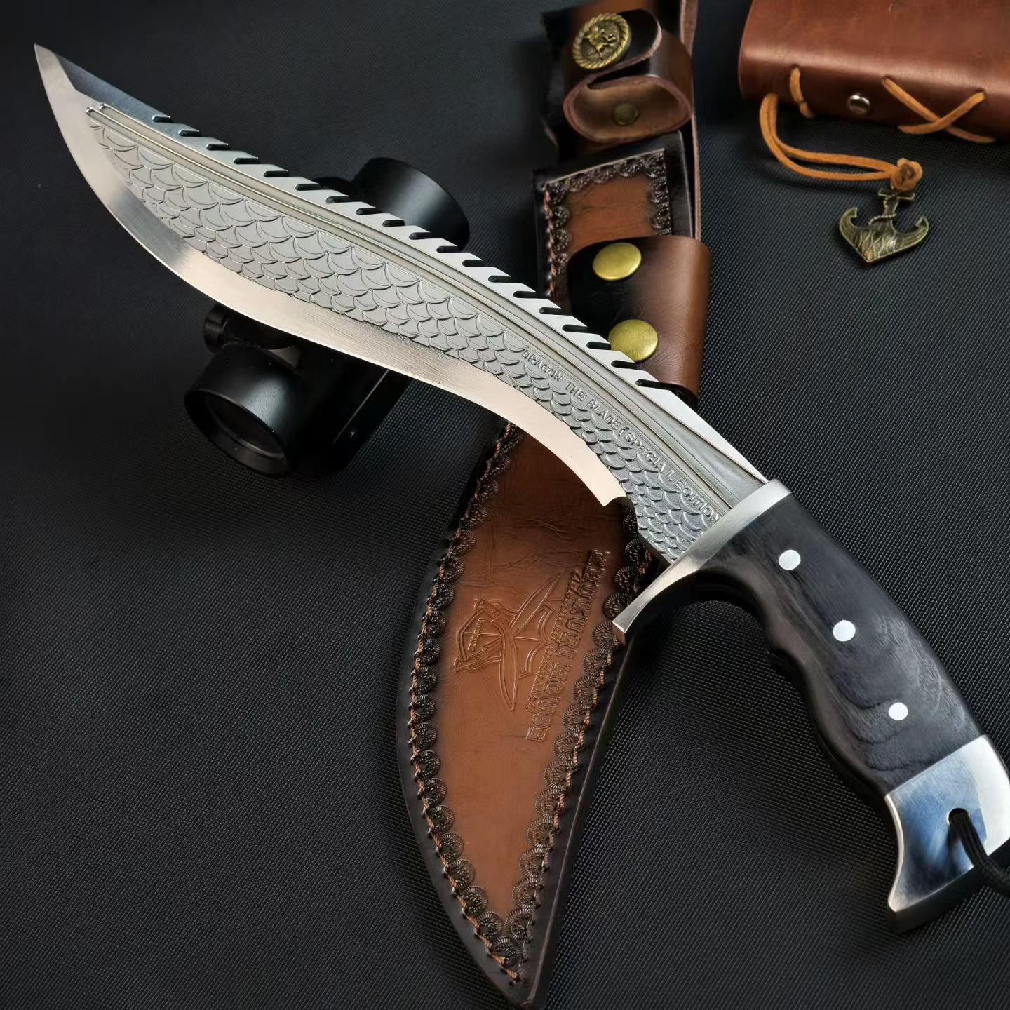 14'' New AUS-10 Steel Blade Ebony Handle Camping Outdoor Utility Tactics Hunting Knife