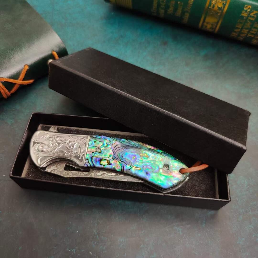 8'' New Fast Opening Shell Handle VG10 Damascus Blade Pocket Folding Knife VTF45