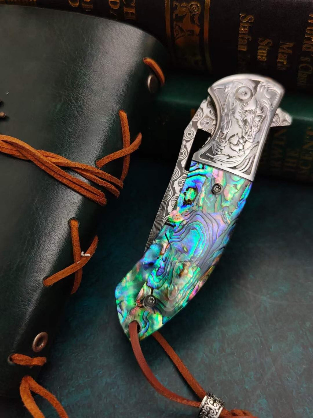8'' New Fast Opening Shell Handle VG10 Damascus Blade Pocket Folding Knife VTF45