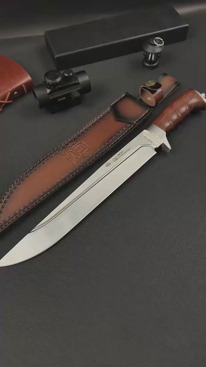 17'' New AUS-10 Steel Blade Wood Handle Camping Outdoor Utility Tactics Hunting Knife