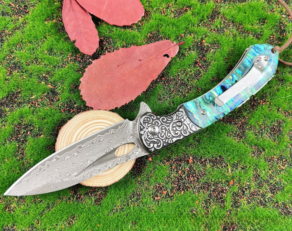 8''New Fast Opening Shell Handle VG10 Damascus Blade Pocket Folding Knife VTF108