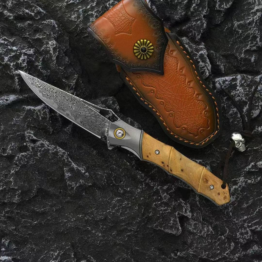 8'' New VG10 Damascus Blade Wood Handle Camping Pocket Folding Knife VTF183