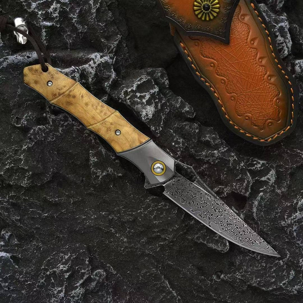 8'' New VG10 Damascus Blade Wood Handle Camping Pocket Folding Knife VTF183