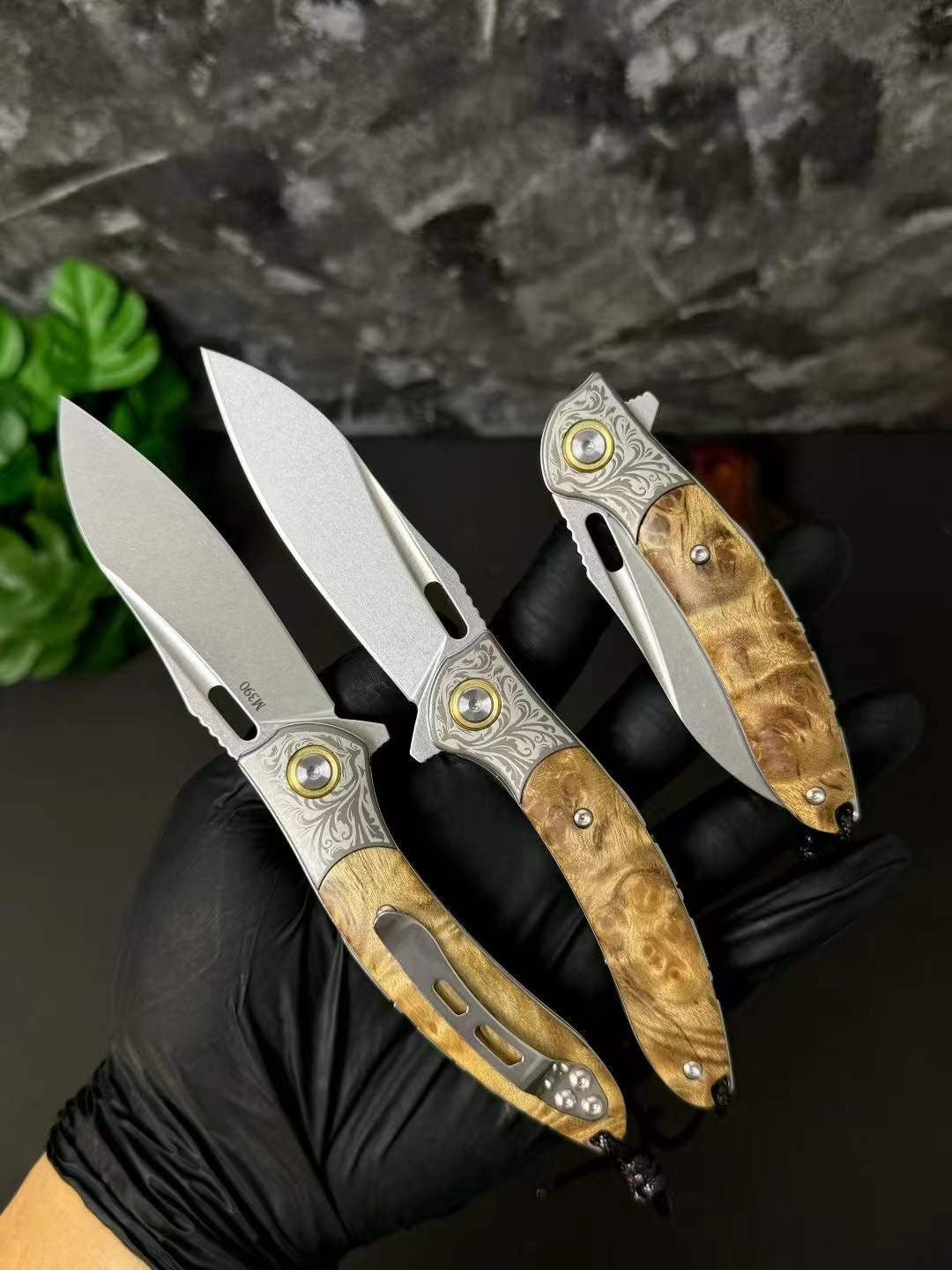 7''New Manual Folding Knife Stone Wash M390 Blade Wood Handle Pocket Knife VTF88