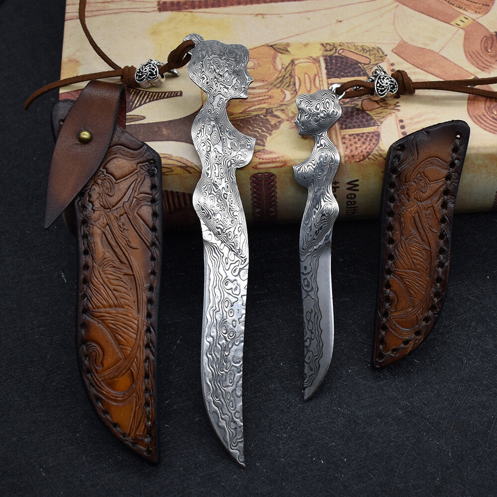 New Damascus Fixed Blade Sexy Portrait Handle Full Tang Collection Knife VTH83