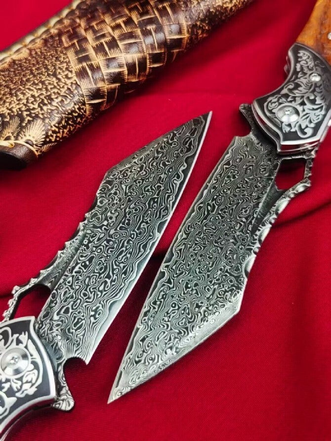 8'' New Folding Knife VG10 Damascus Blade Wood Handle Camping Knife VTF103