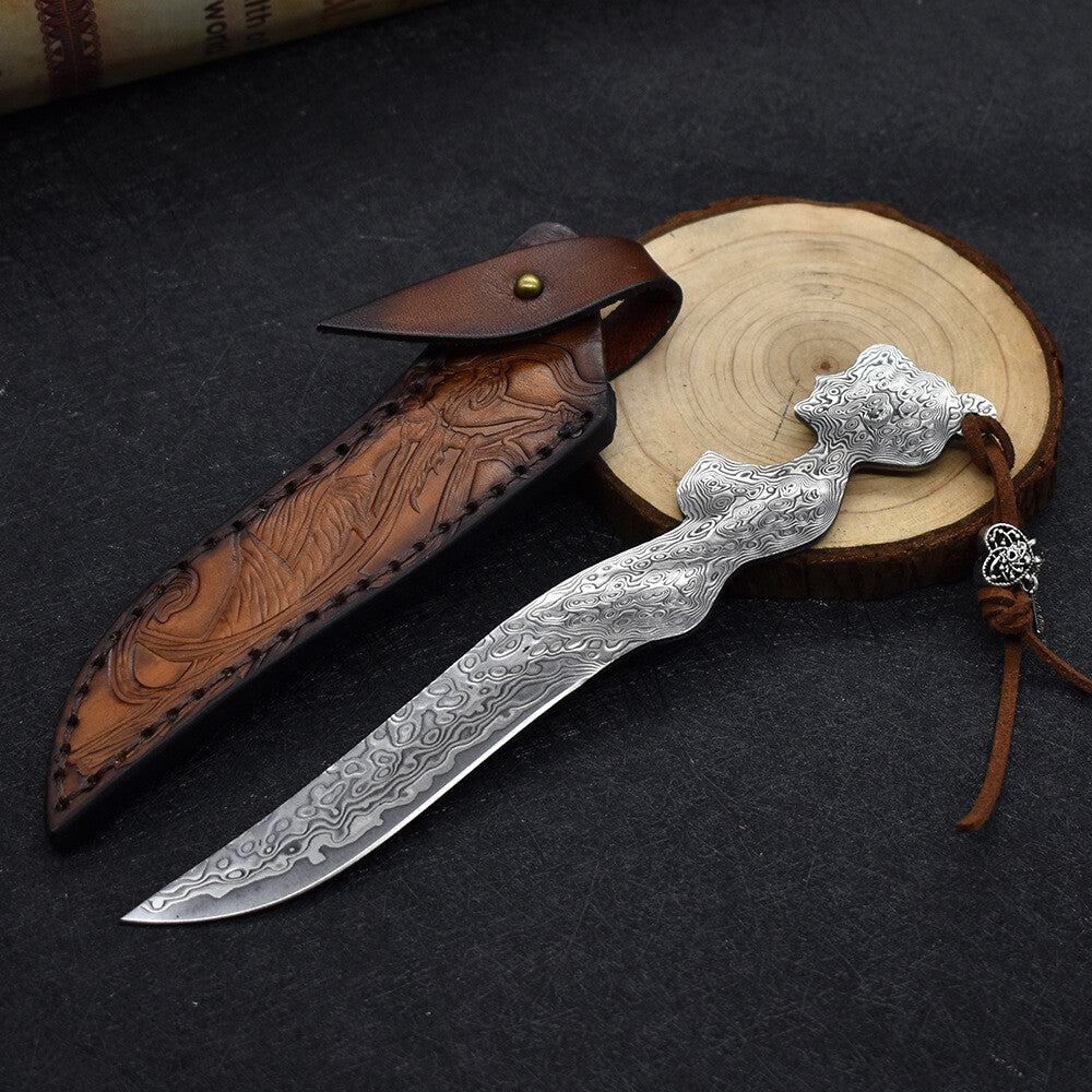New Damascus Fixed Blade Sexy Portrait Handle Full Tang Collection Knife VTH83