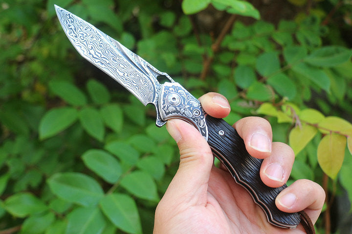 8'' New Fast Opening VG10 Damascus Blade Ebony Handle Pocket Folding Knife VTF72