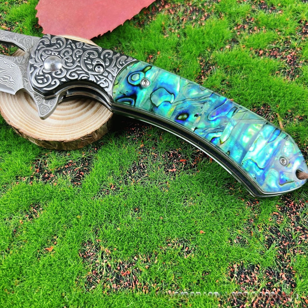 8''New Fast Opening Shell Handle VG10 Damascus Blade Pocket Folding Knife VTF108