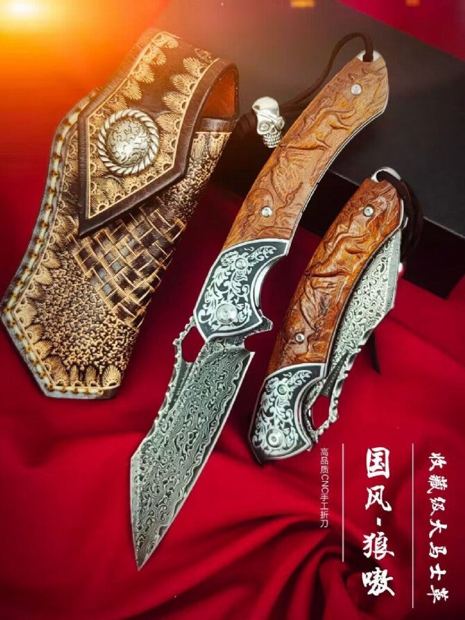 8'' New Folding Knife VG10 Damascus Blade Wood Handle Camping Knife VTF103