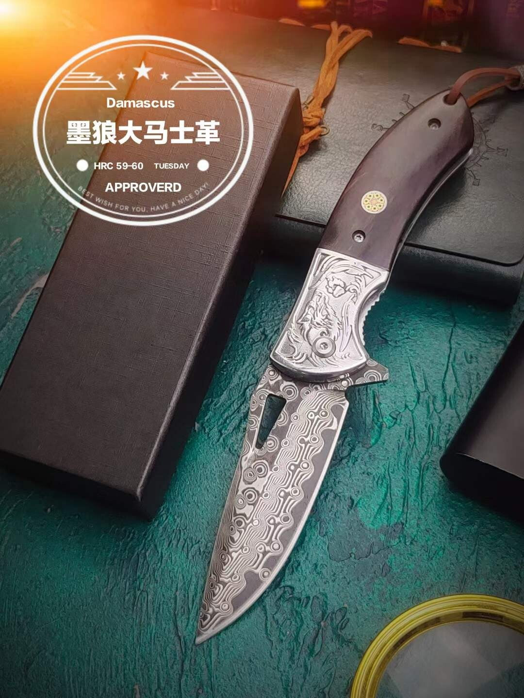 8''New Ebony Handle VG10 Damascus Blade Outdoor Tool Pocket Folding Knife VTF45W