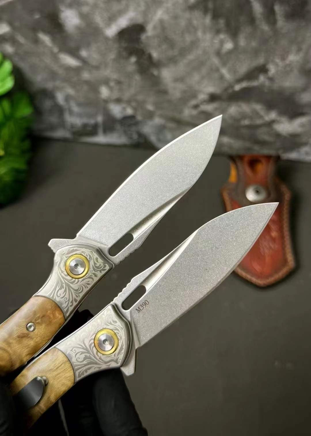 7''New Manual Folding Knife Stone Wash M390 Blade Wood Handle Pocket Knife VTF88