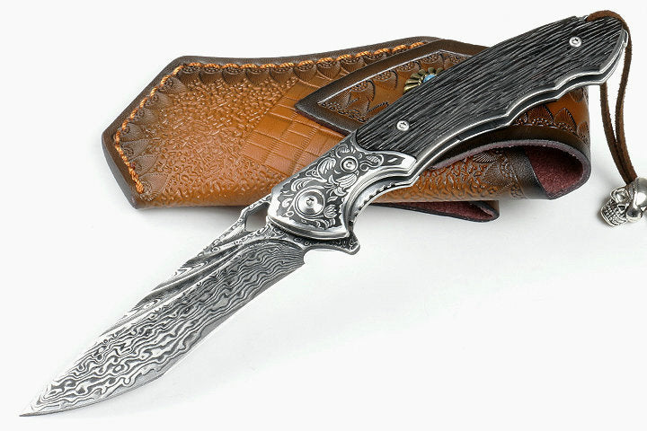 8'' New Fast Opening VG10 Damascus Blade Ebony Handle Pocket Folding Knife VTF72