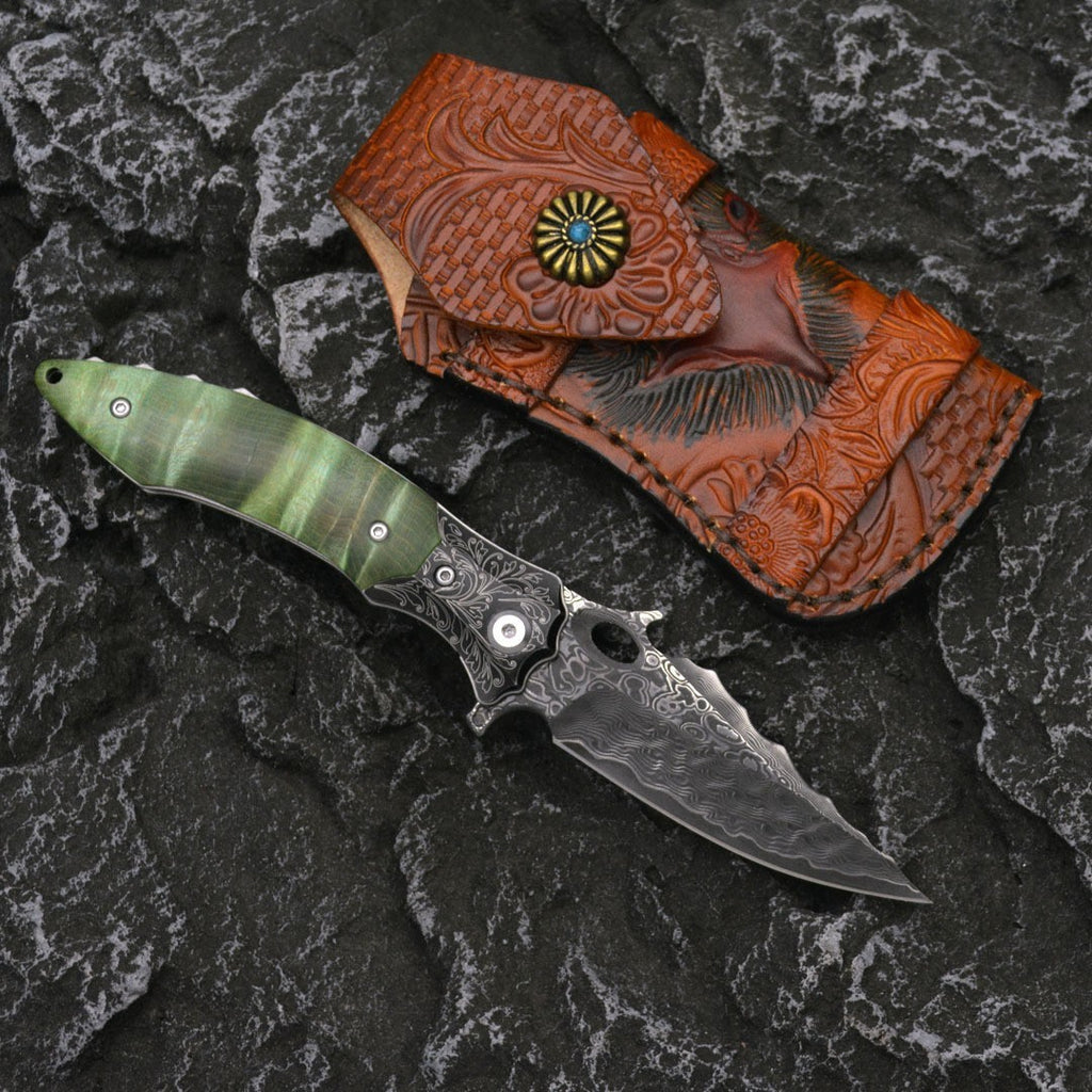8'' New Fast Opening VG10 Damascus Blade Wood Handle Pocket Folding Knife VTF22