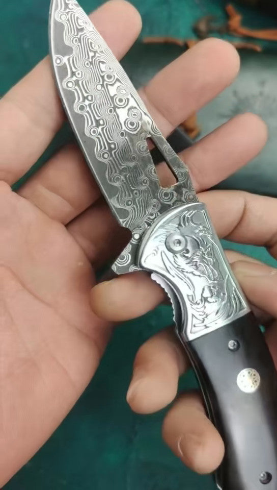 8''New Ebony Handle VG10 Damascus Blade Outdoor Tool Pocket Folding Knife VTF45W