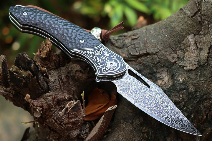 8'' New Manual VG10 Damascus Blade Ebony Handle Pocket Folding Knife VTF73