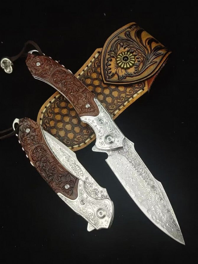 8'' New Folding Knife VG10 Damascus Blade Wood Handle Camping Knife VTF86