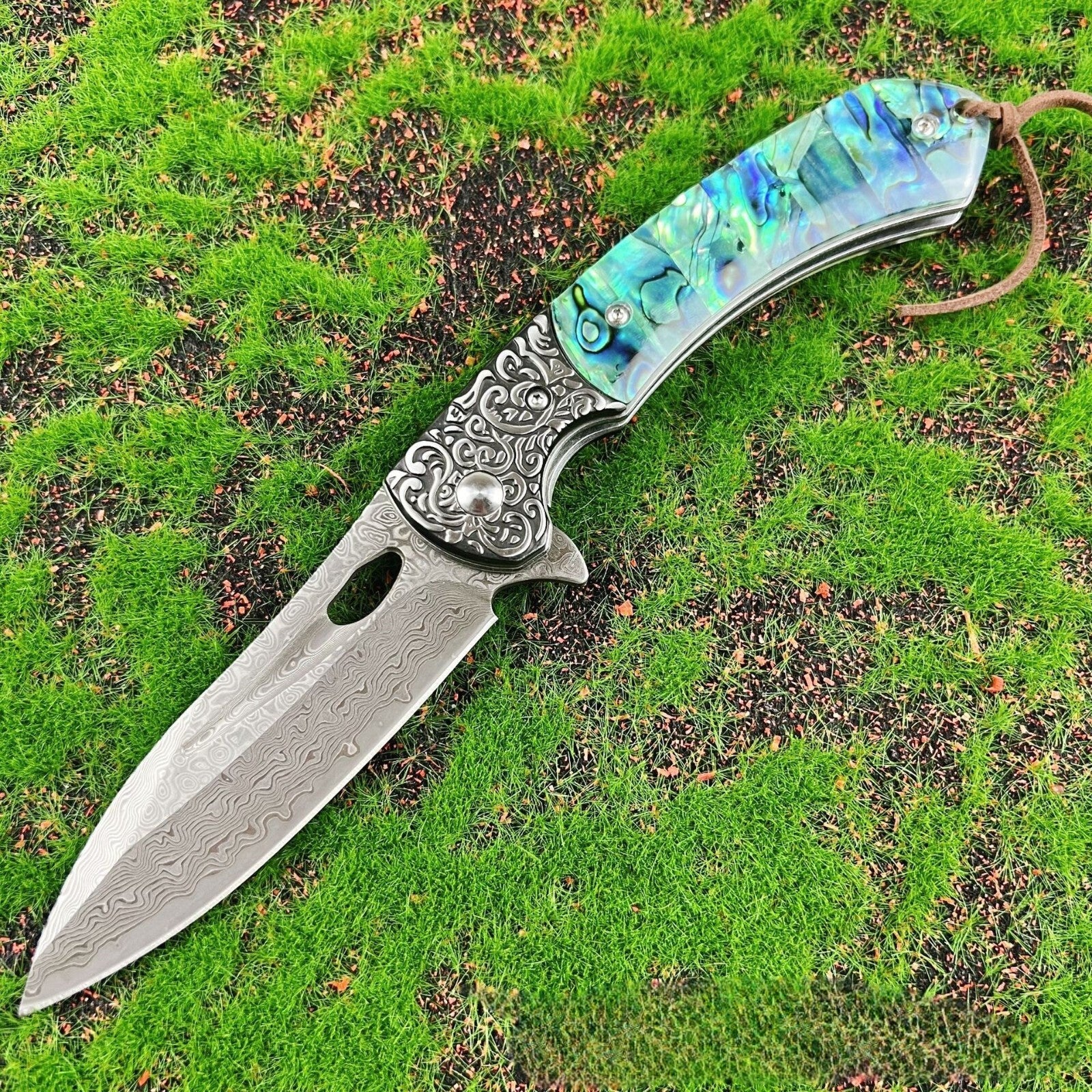 8''New Fast Opening Shell Handle VG10 Damascus Blade Pocket Folding Knife VTF108