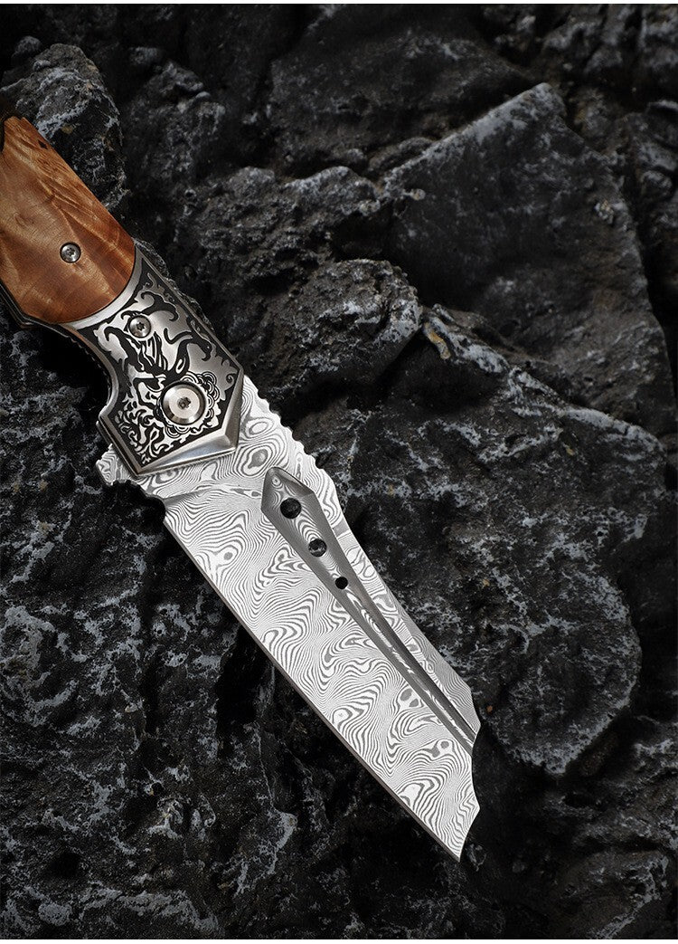 8'' New Folding Knife VG10 Damascus Blade Wood Handle Camping Knife VTF152