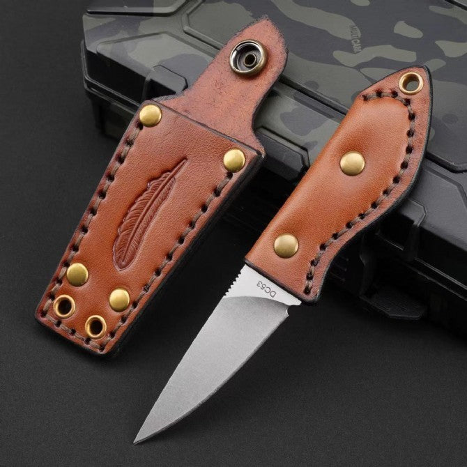 6'' New Mini DC53 Blade Leather Handle Full Tang Camping Outdoor EDC Knife VTH68