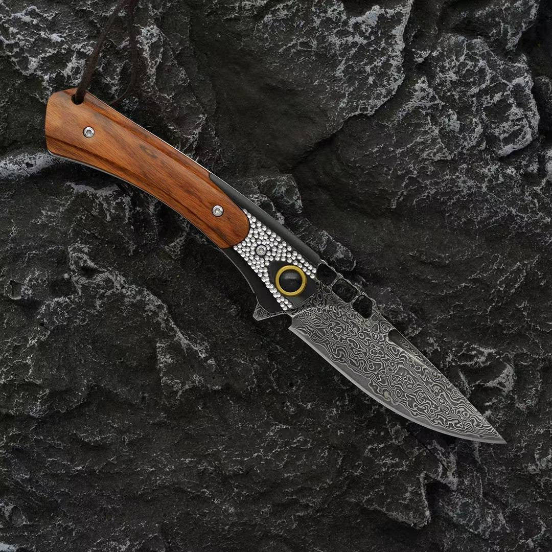 New VG10 Damascus Blade Wood Handle Collection Tool Folding Knife VTF182