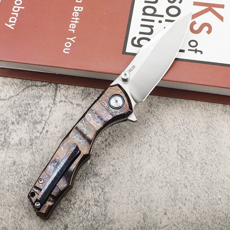 9'' New Manual VG10 Blade Full T4C Titanium Handle Pocket Camping Utility Outdoor Folding Knife VTF97