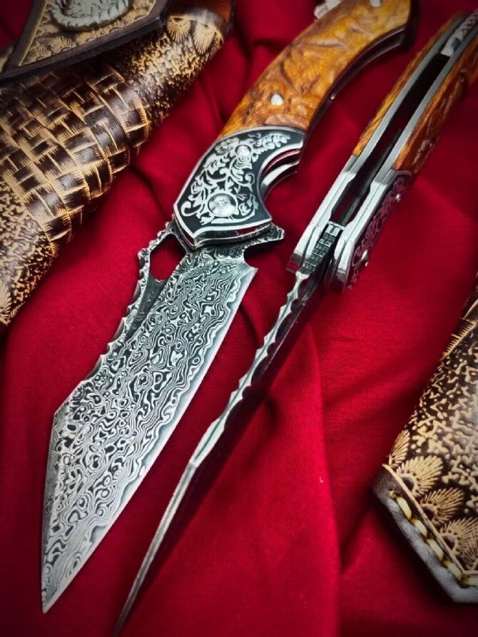8'' New Folding Knife VG10 Damascus Blade Wood Handle Camping Knife VTF103
