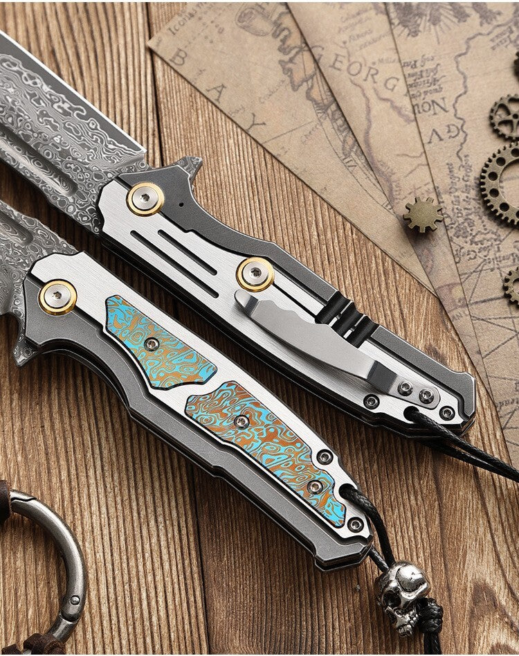 8'' New VG10 Damascus Blade Full T4C Titanium Handle  Folding Camping Outdoor Utility Pocket Knife VTF47