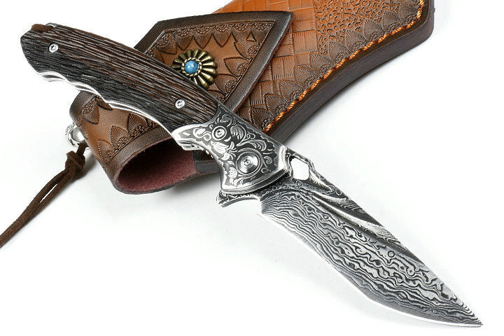 8'' New Fast Opening VG10 Damascus Blade Ebony Handle Pocket Folding Knife VTF72