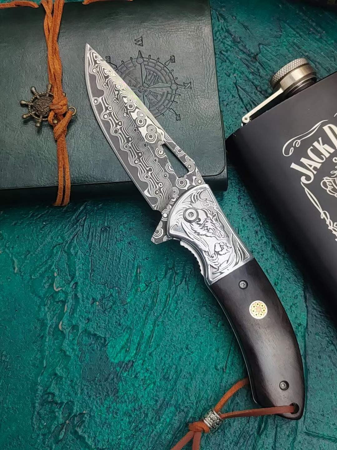 8''New Ebony Handle VG10 Damascus Blade Outdoor Tool Pocket Folding Knife VTF45W