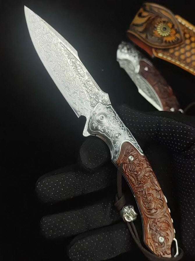8'' New Folding Knife VG10 Damascus Blade Wood Handle Camping Knife VTF86