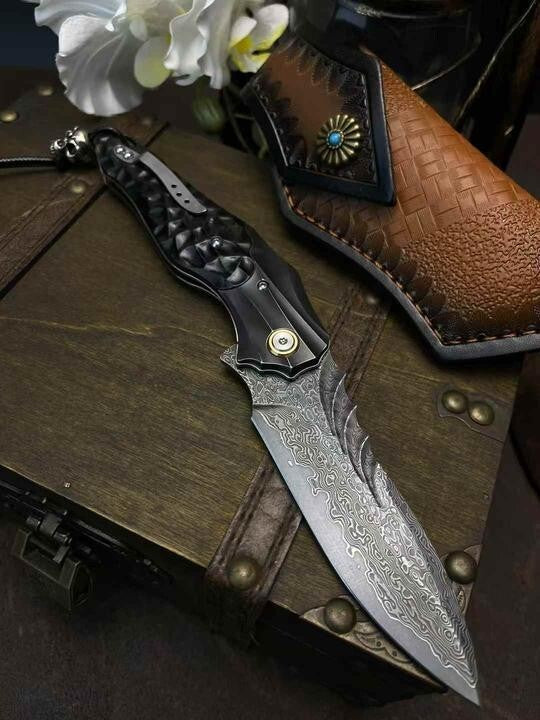 8''New FoldingKnife VG10 Damascus Blade Ebony Handle Outdoor Knife VTF116
