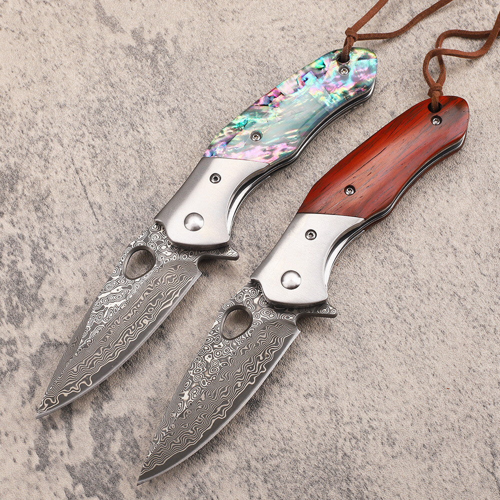 New Folding Knife VG10 Damascus Blade Wood Handle Camping Knife VTF43
