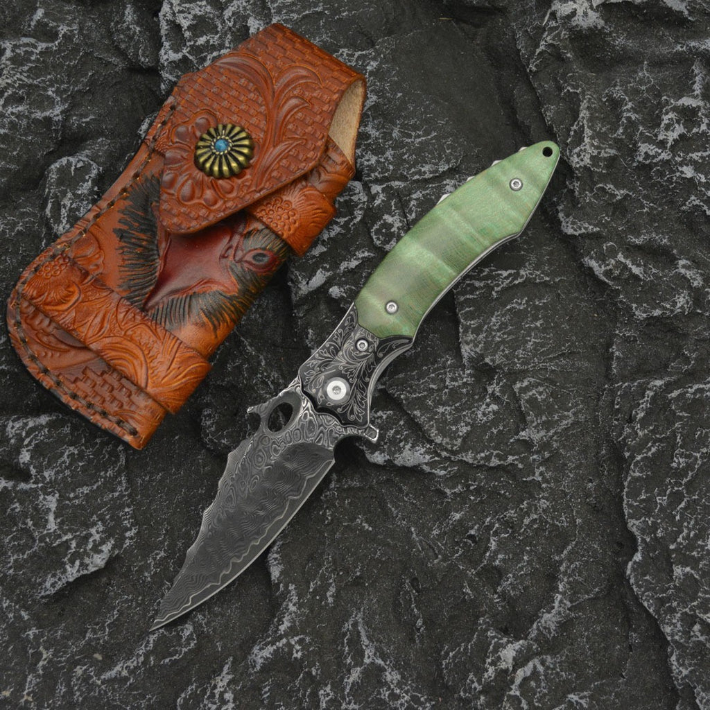 8'' New Fast Opening VG10 Damascus Blade Wood Handle Pocket Folding Knife VTF22