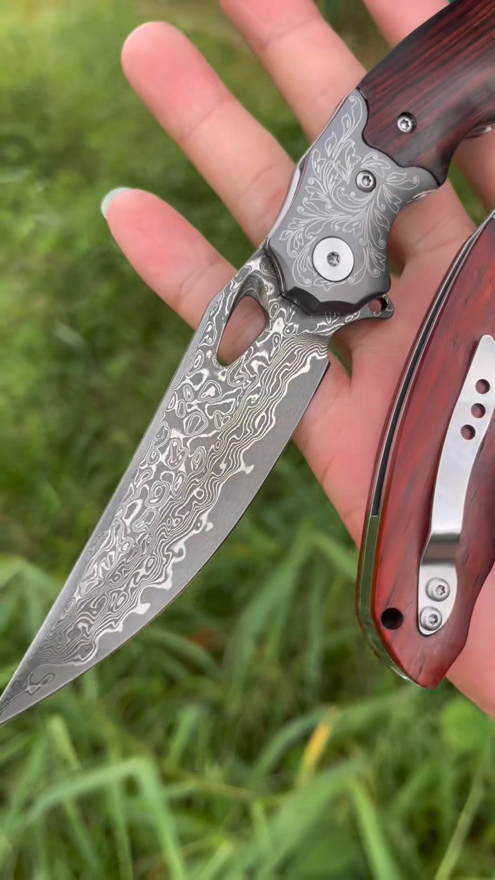 8'' New Folding Knife VG10 Damascus Blade Wood Handle Camping Knife VTF41