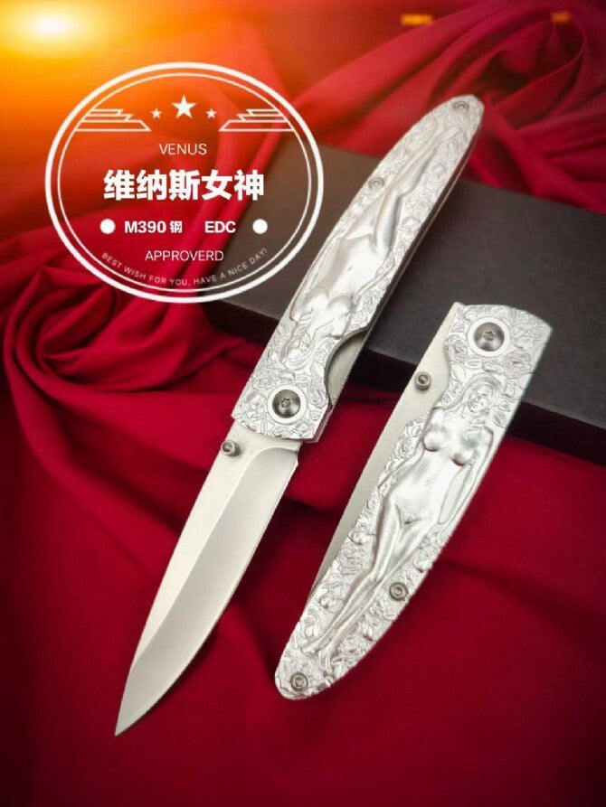 7'' New M390 Steel Blade Carve Sexy Portrait Aluminum Handle Folding Knife VTF04