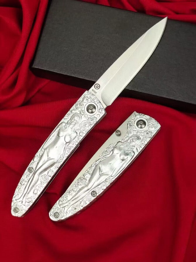 7'' New M390 Steel Blade Carve Sexy Portrait Aluminum Handle Folding Knife VTF04