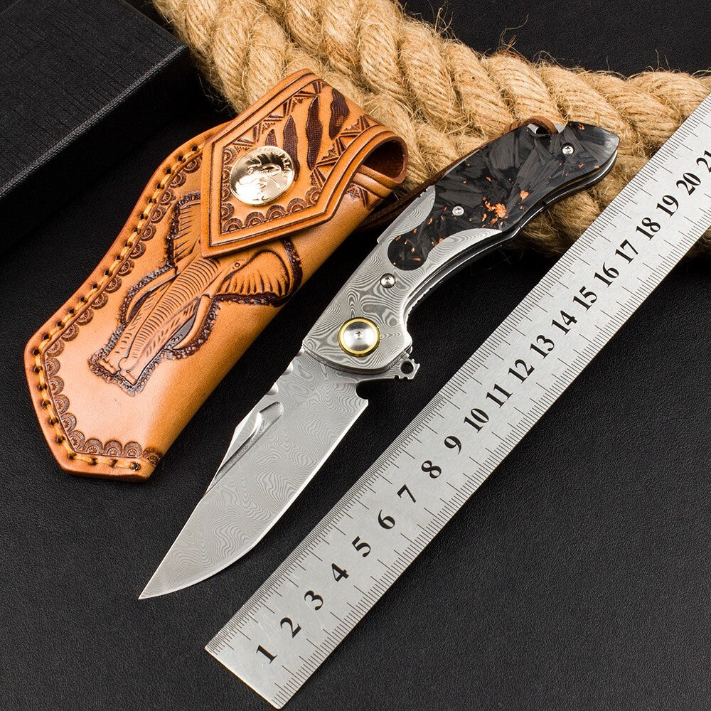 8'' New FlodingKnife Crushed Pocket Camping Outdoor Damascus Blade Knife VTF81