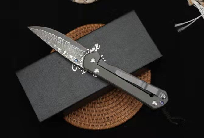7'' New Damascus Blade Sebenza 21 Style Full T4C Titanium Handle Pocket Camping Utility Folding Tool DF23M