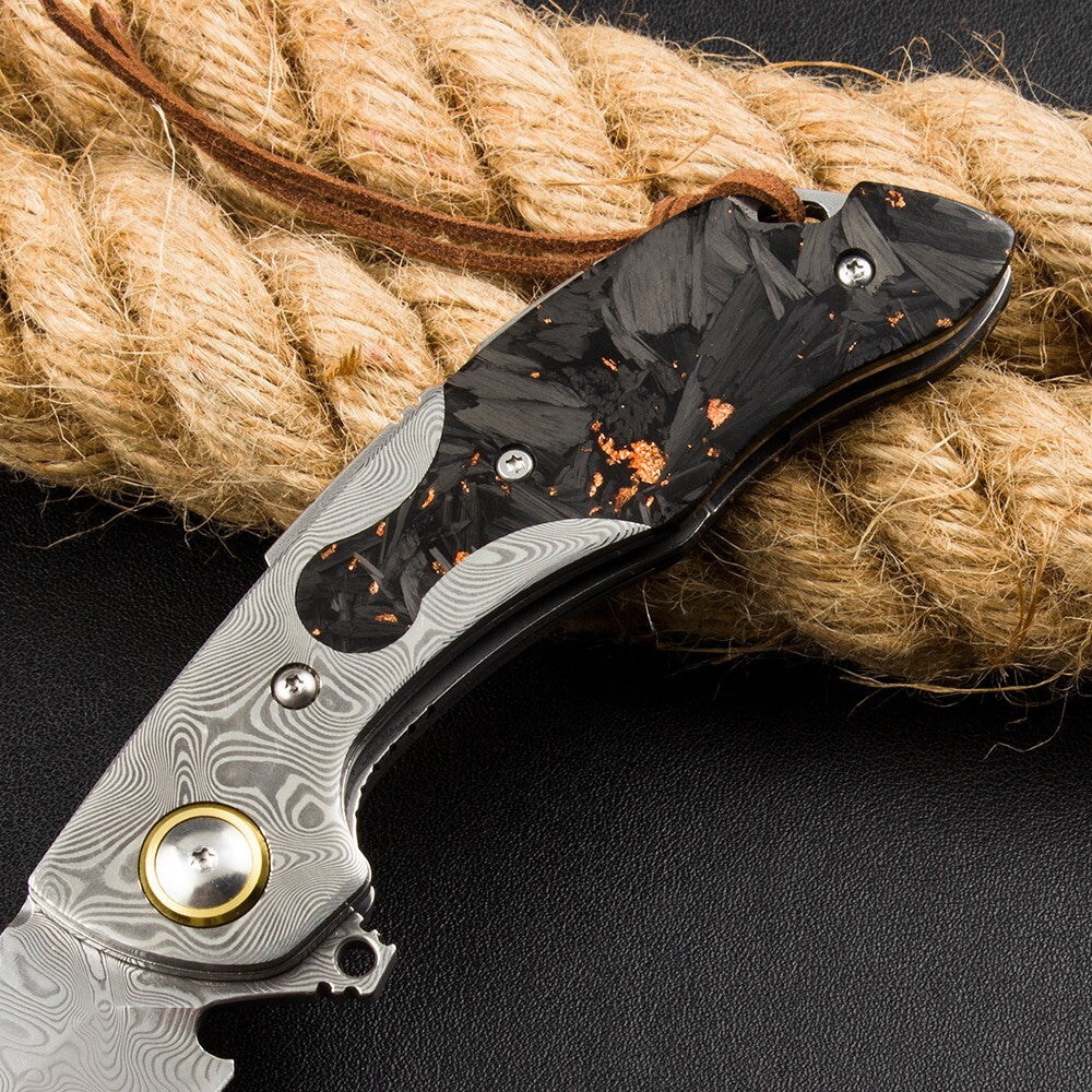 8'' New FlodingKnife Crushed Pocket Camping Outdoor Damascus Blade Knife VTF81