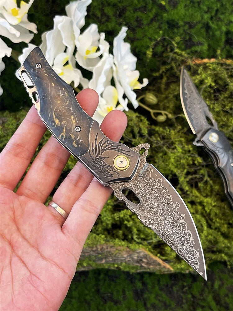 7'' New Folding Knife VG10 Damascus Blade Wood Handle Camping Knife VTF90